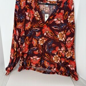 Old Navy Floral V-Neck Blouse - Burgundy and Blue